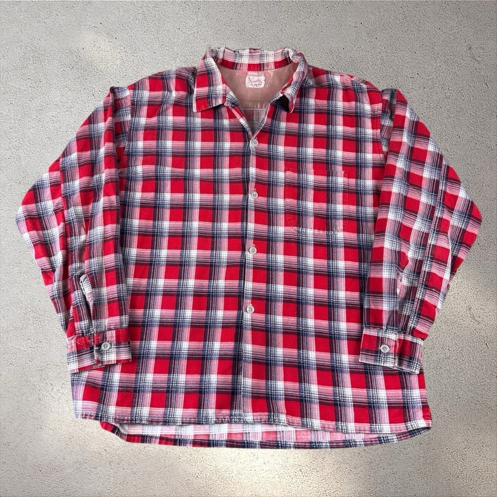 Vintage 50s Plaid Cotton Sanforized Flannel Shirt XL Loop Collar Essley